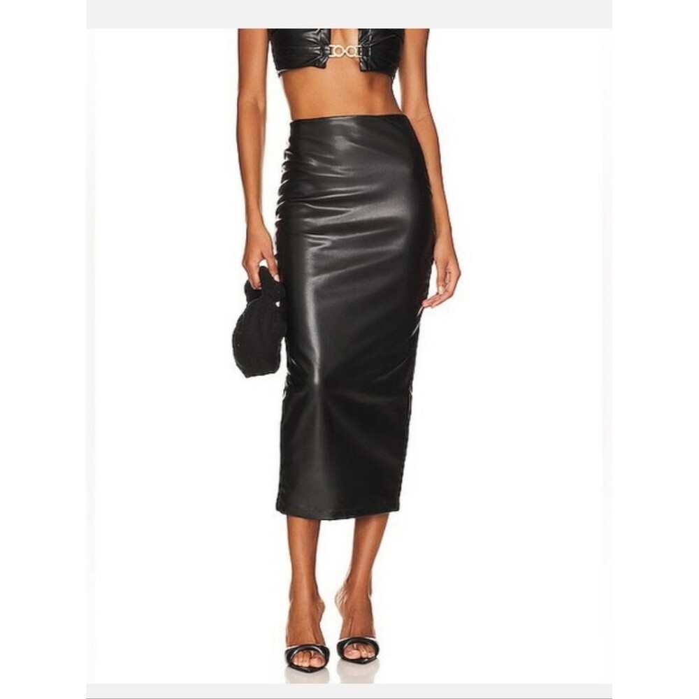 Nookie Drama Black Faux Leather High Rise Midi Skirt Size XS NWT